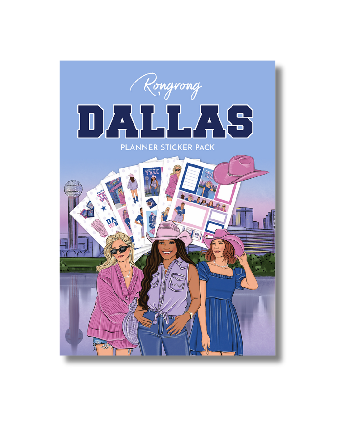 Sticker pack cover featuring iconic Dallas landmarks and vibrant illustrations in a colorful, modern style.