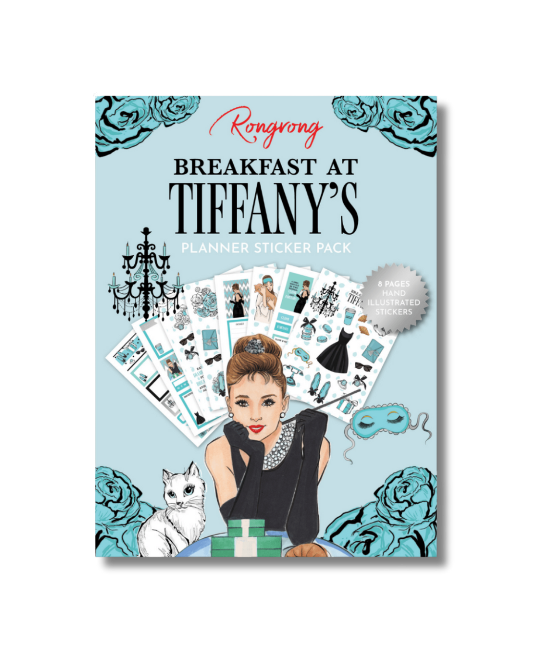 Sticker pack cover featuring elegant silver foil accents with a chic Tiffany blue background