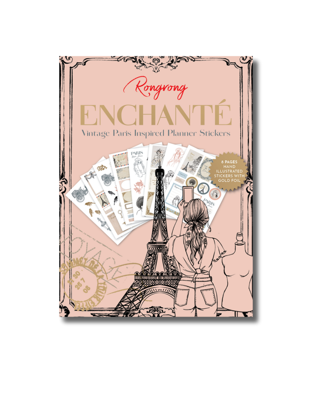 Sticker pack cover featuring elegant designs with gold foil accents, showcasing chic illustrations and playful motifs.