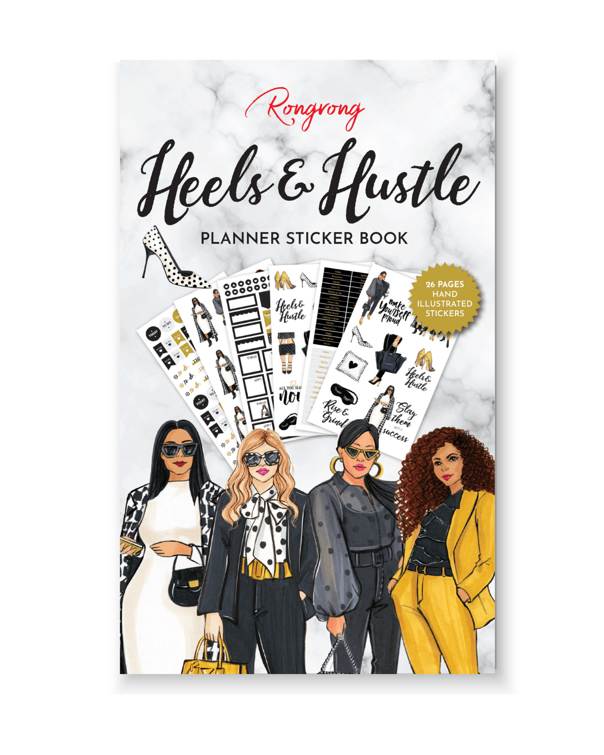 Sticker book cover featuring chic illustrations of high heels and motivational phrases in bold pink and gold colors.