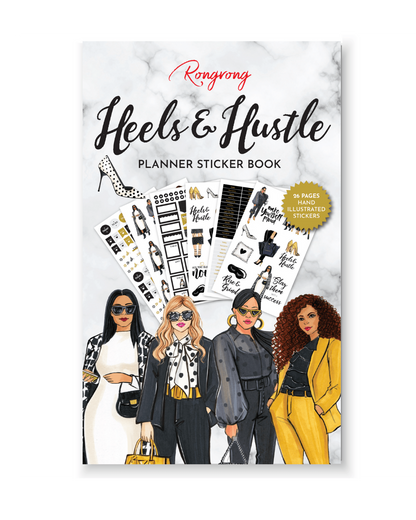 Sticker book cover featuring chic illustrations of high heels and motivational phrases in bold pink and gold colors.