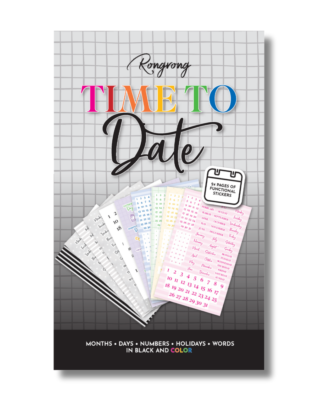 Sticker book cover featuring colorful illustrations of calendars, clocks, and playful date-themed designs.