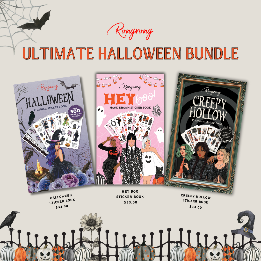 Collection of decorative stickers featuring whimsical spooky designs and festive elements, ideal for elevating Halloween projects.