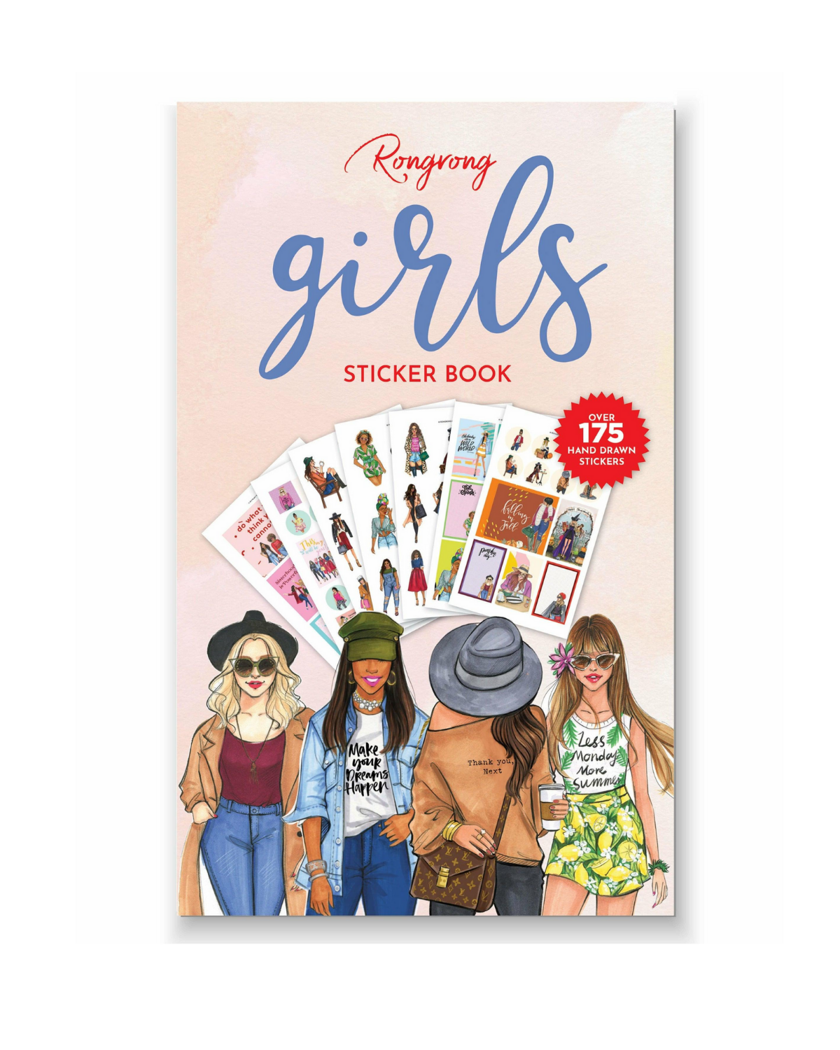Sticker book cover featuring stylish illustrations of fashionable girls in vibrant outfits, set against a chic background.