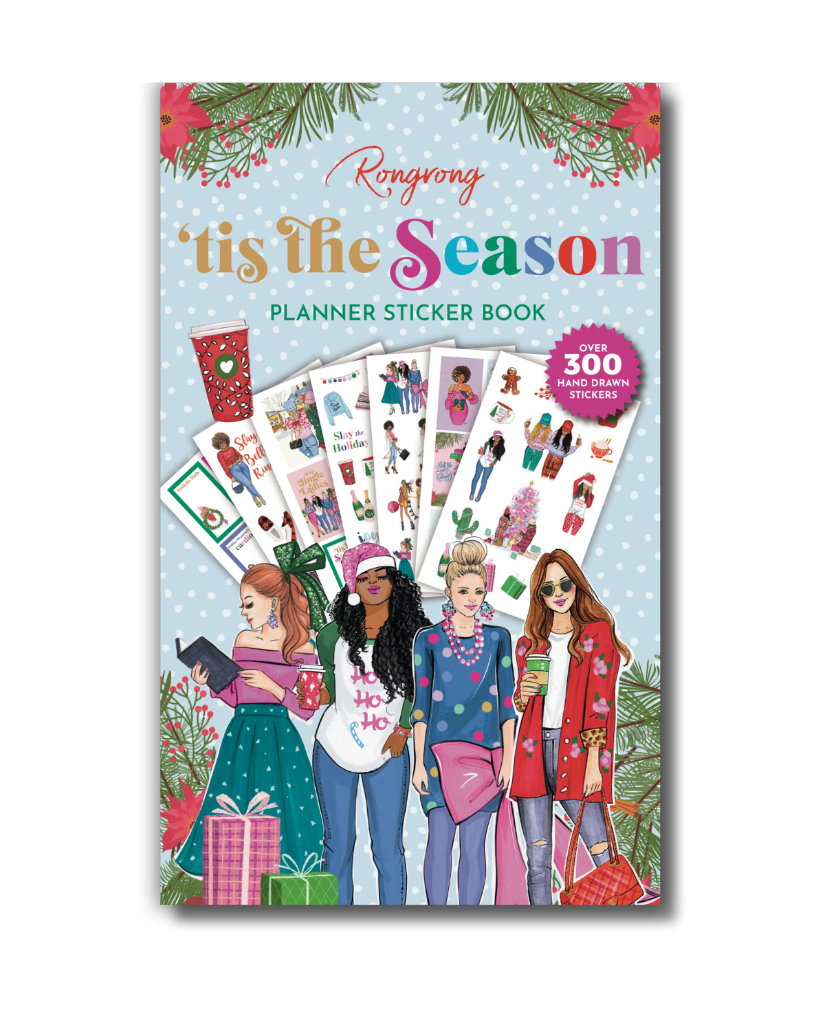 Sticker book cover featuring festive designs with cheerful holiday icons in vibrant colors.