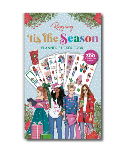 Sticker book cover featuring festive designs with cheerful holiday icons in vibrant colors.