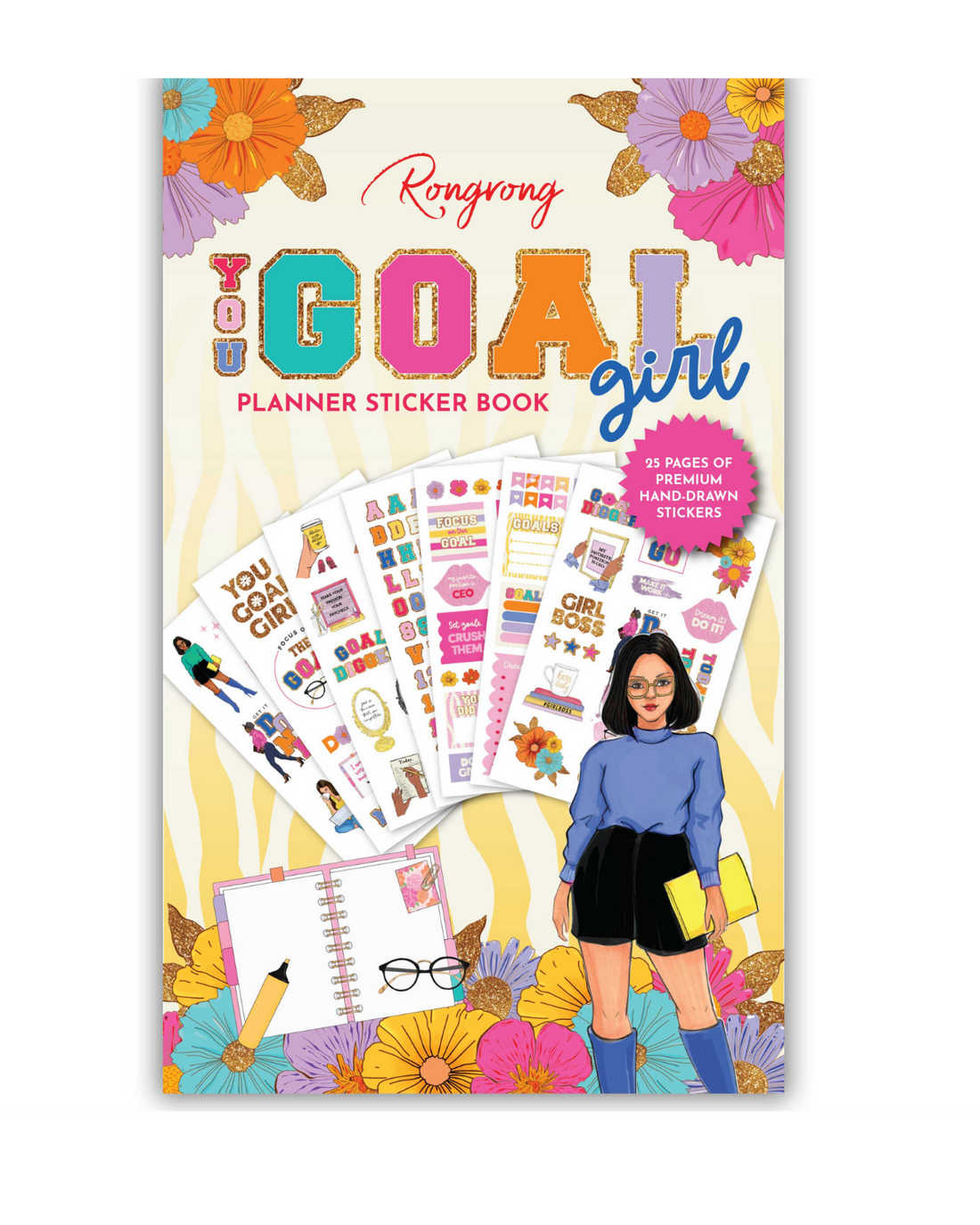 Sticker book cover featuring empowering illustrations and motivational quotes in vibrant colors, perfect for goal setting.