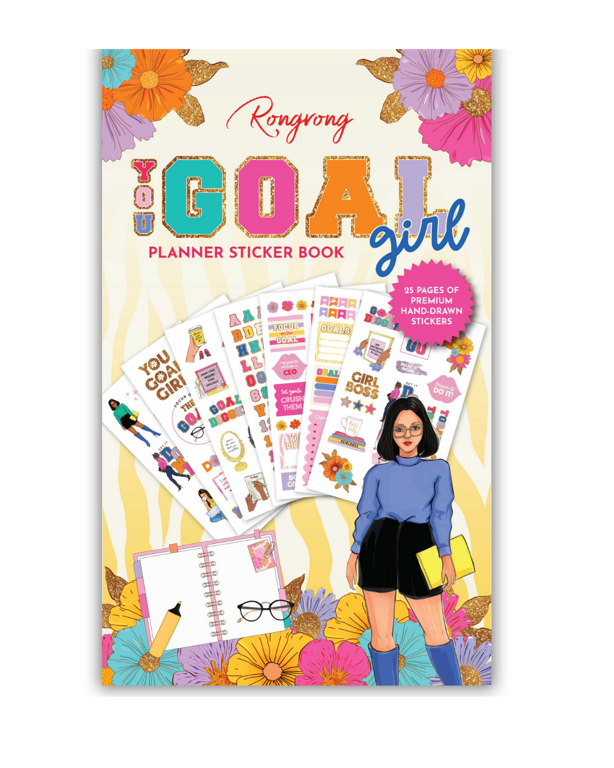 Sticker book cover featuring empowering illustrations and motivational quotes in vibrant colors, perfect for goal setting.