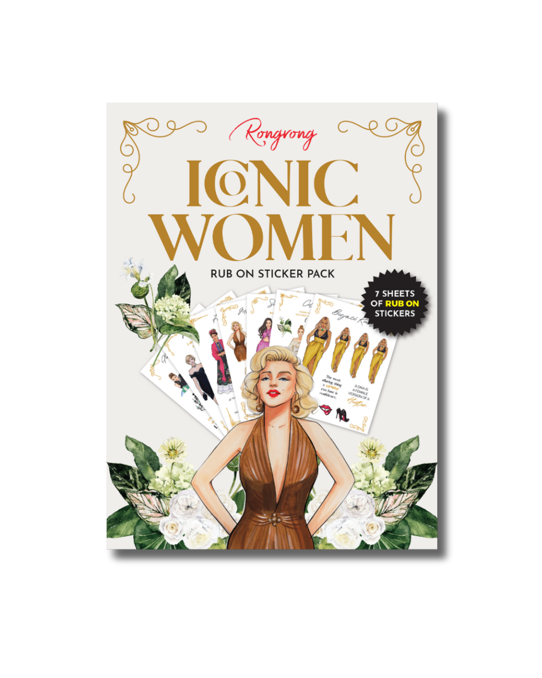Iconic Women Rub-On Sticker Pack cover featuring vibrant illustrations of influential women in diverse styles.