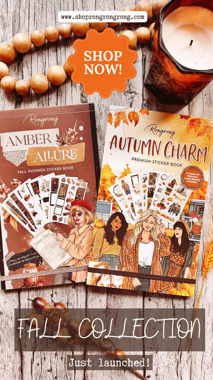 Stickers showcasing fall elements like acorns, leaves, and cozy sweaters, designed in rich oranges and browns.