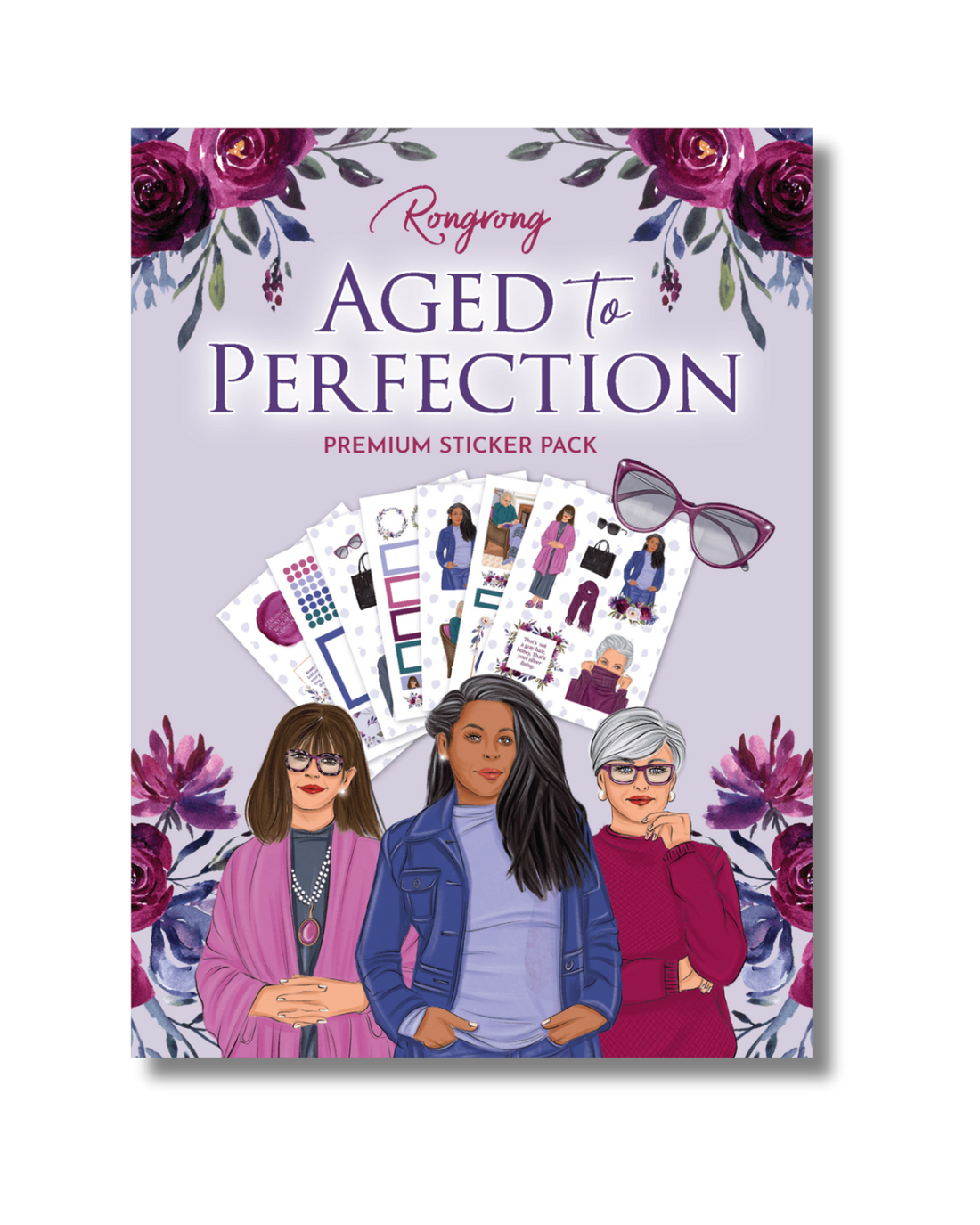 Sticker pack packaging with illustrations of people and floral design on a purple background