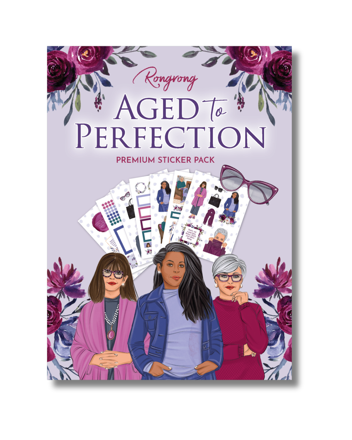 Sticker pack packaging with illustrations of people and floral design on a purple background