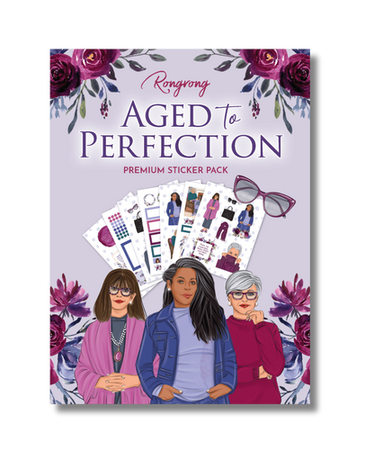 Sticker pack packaging with illustrations of people and floral design on a purple background