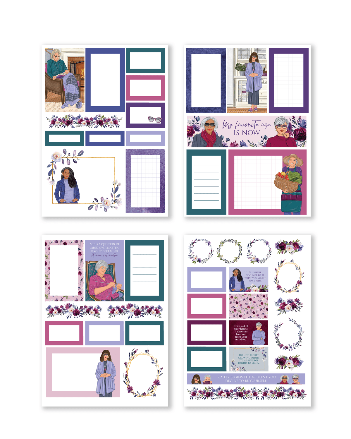 Collection of decorative planner stickers with various designs on a white background