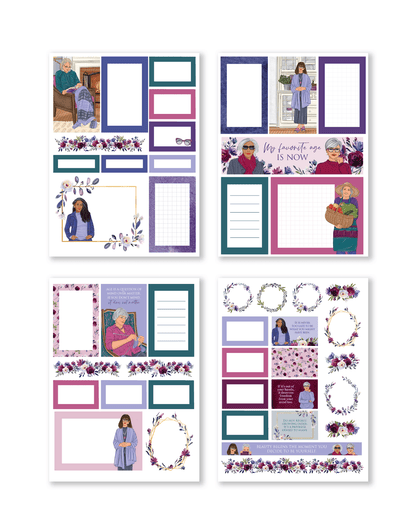 Collection of decorative planner stickers with various designs on a white background