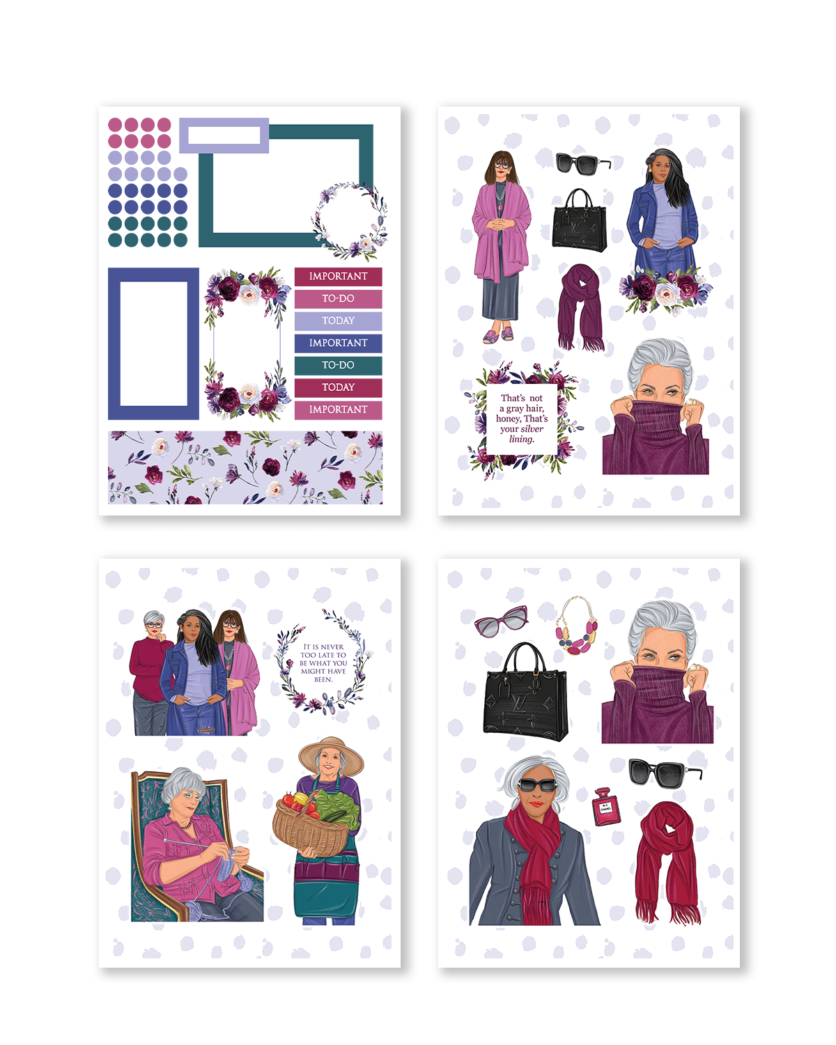 Set of four cards featuring illustrated women and decorative elements on a white background