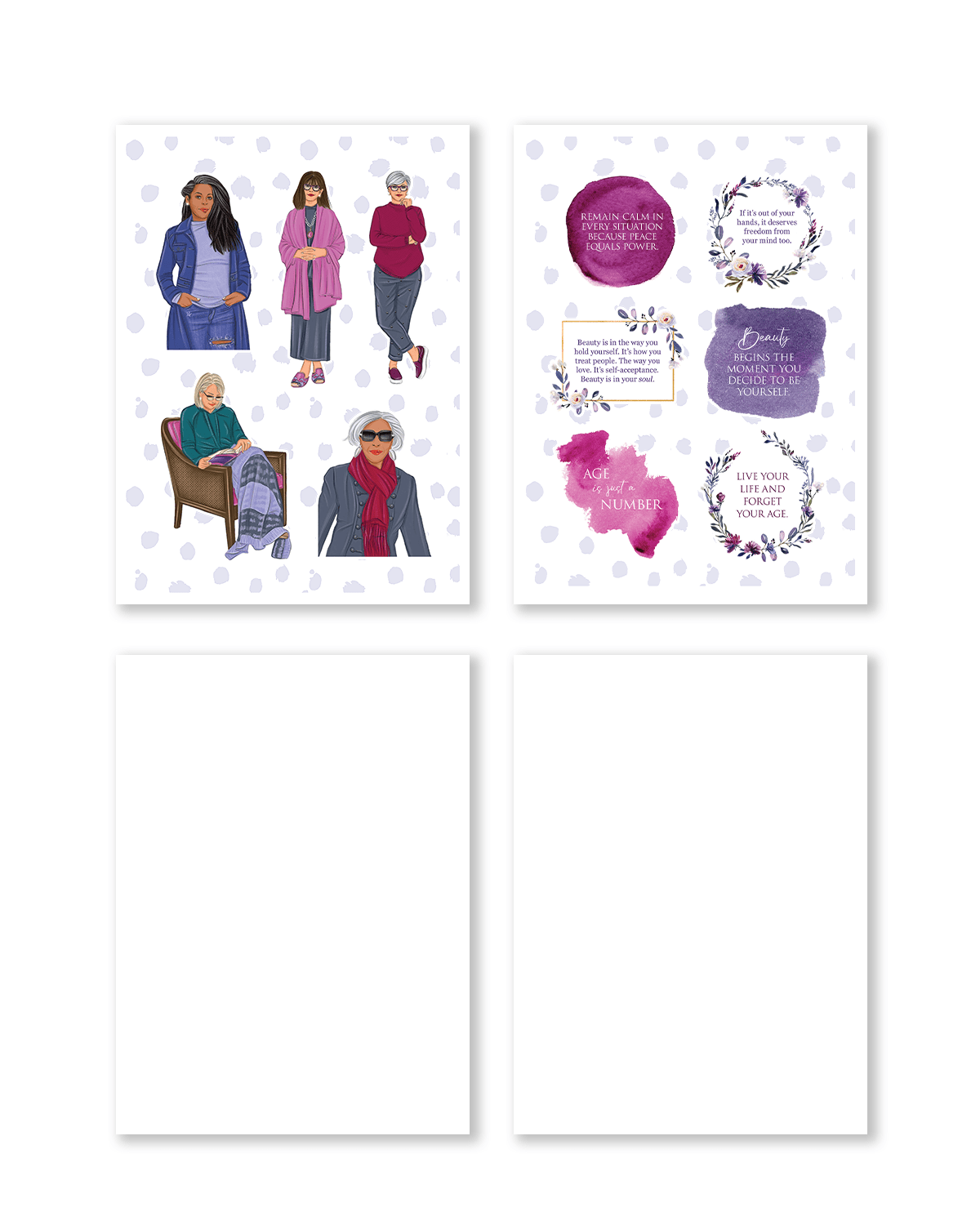 Set of four greeting cards with illustrated women and text on a white background