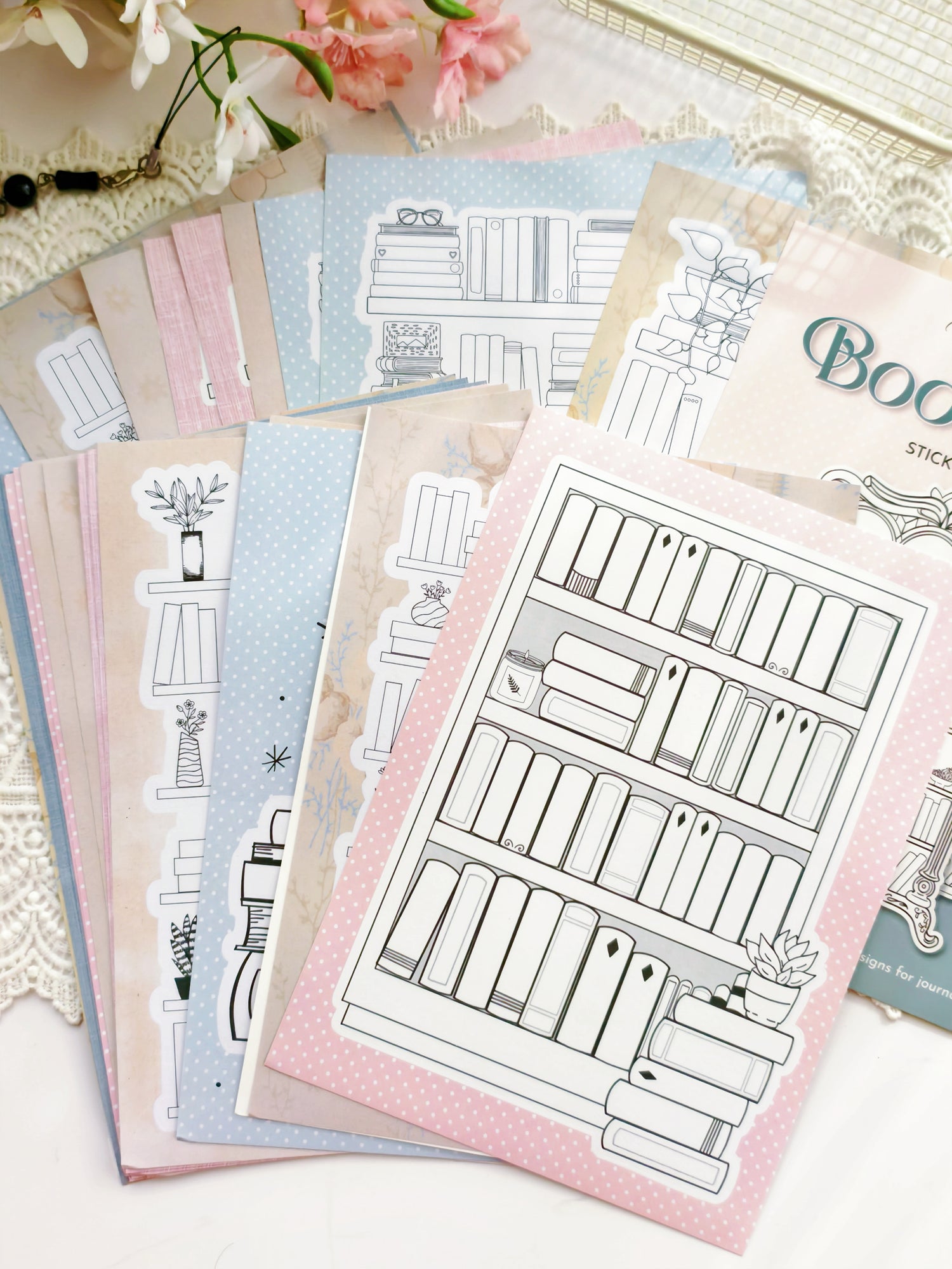 All Bookshelves Sticker Pack styled in reading journal spread