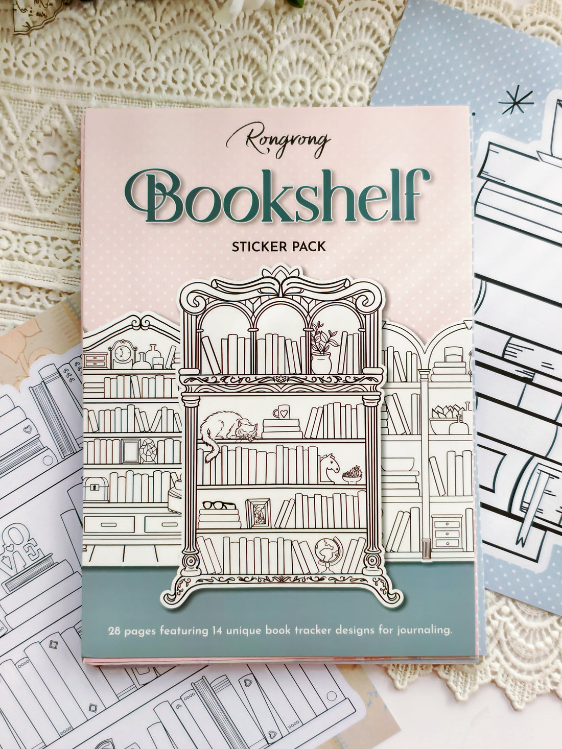 Bookshelf themed sticker pack with cozy library illustrations