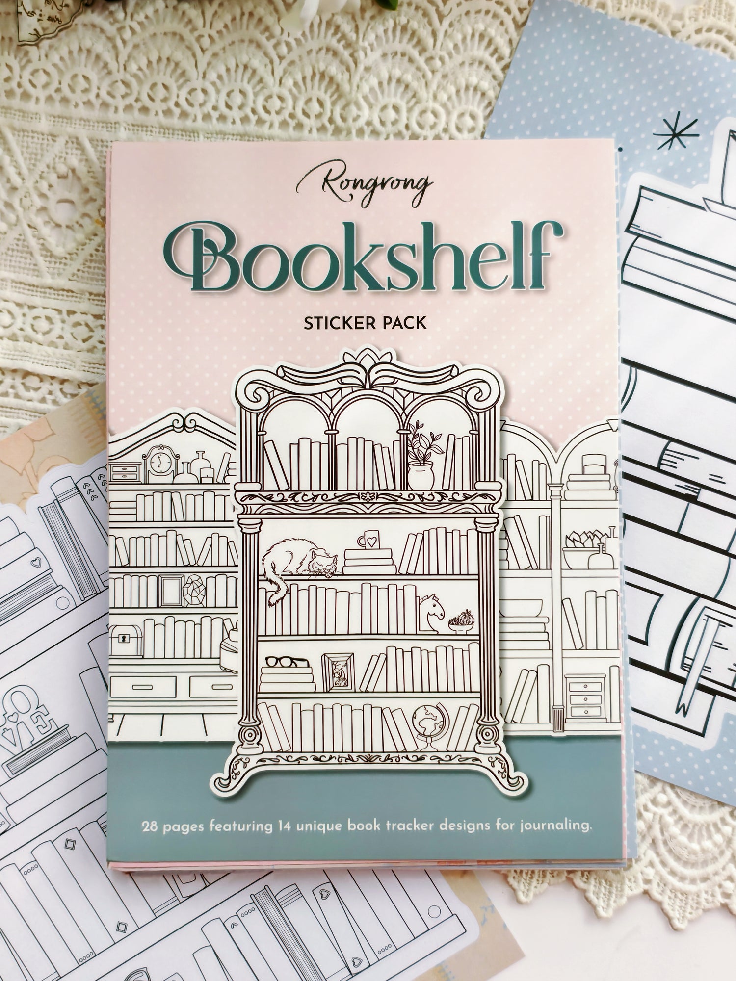 Bookshelf themed sticker pack with cozy library illustrations