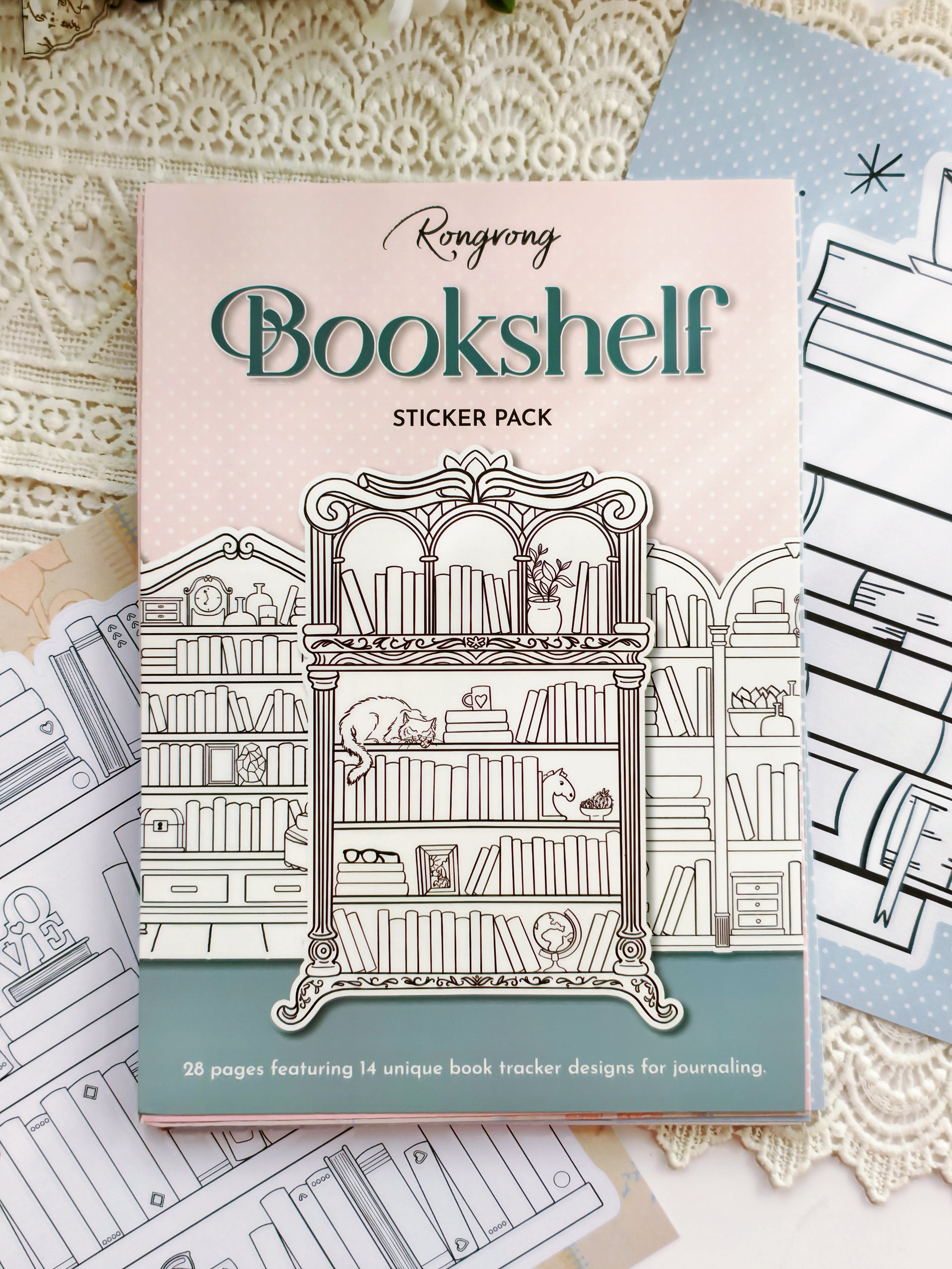 Bookshelf themed sticker pack with cozy library illustrations