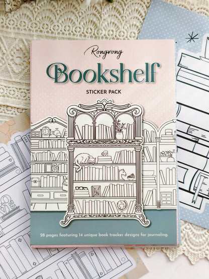 Bookshelf themed sticker pack with cozy library illustrations