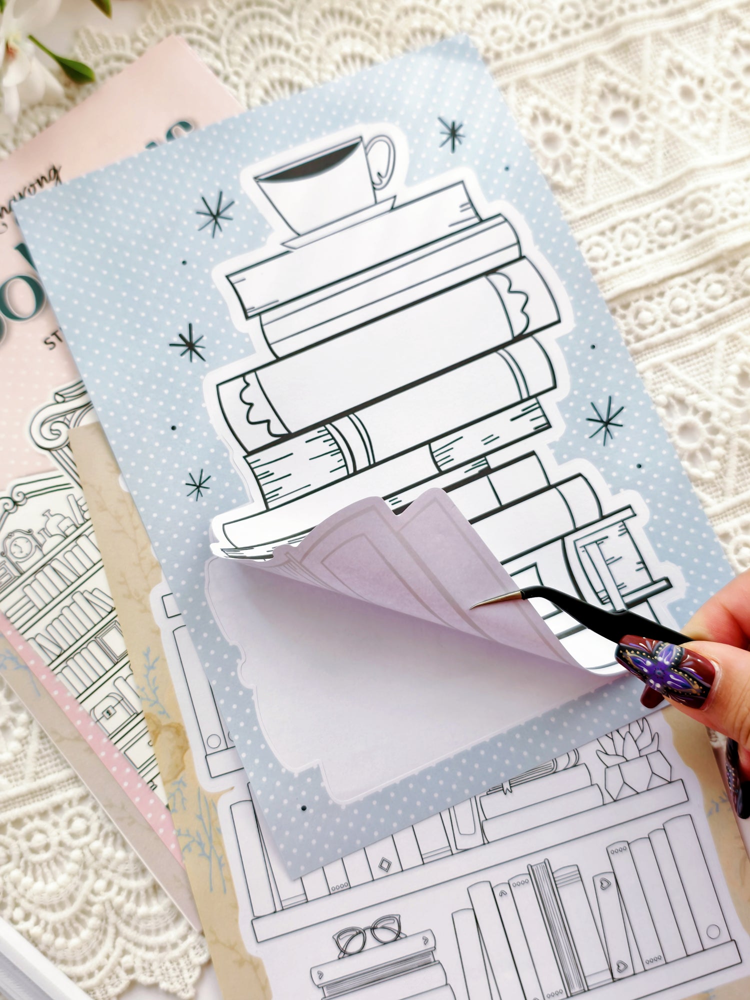 Vintage and modern bookshelf stickers for scrapbooking