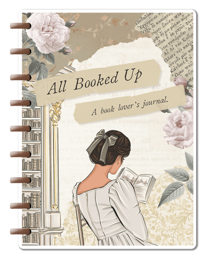 Journal cover with a woman reading a book, floral elements, and text &