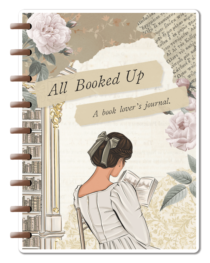 Journal cover with a woman reading a book, floral elements, and text 'All Booked Up'.