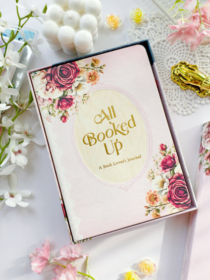 Romantic reading journal displayed inside elegant floral gift box with gold lettering