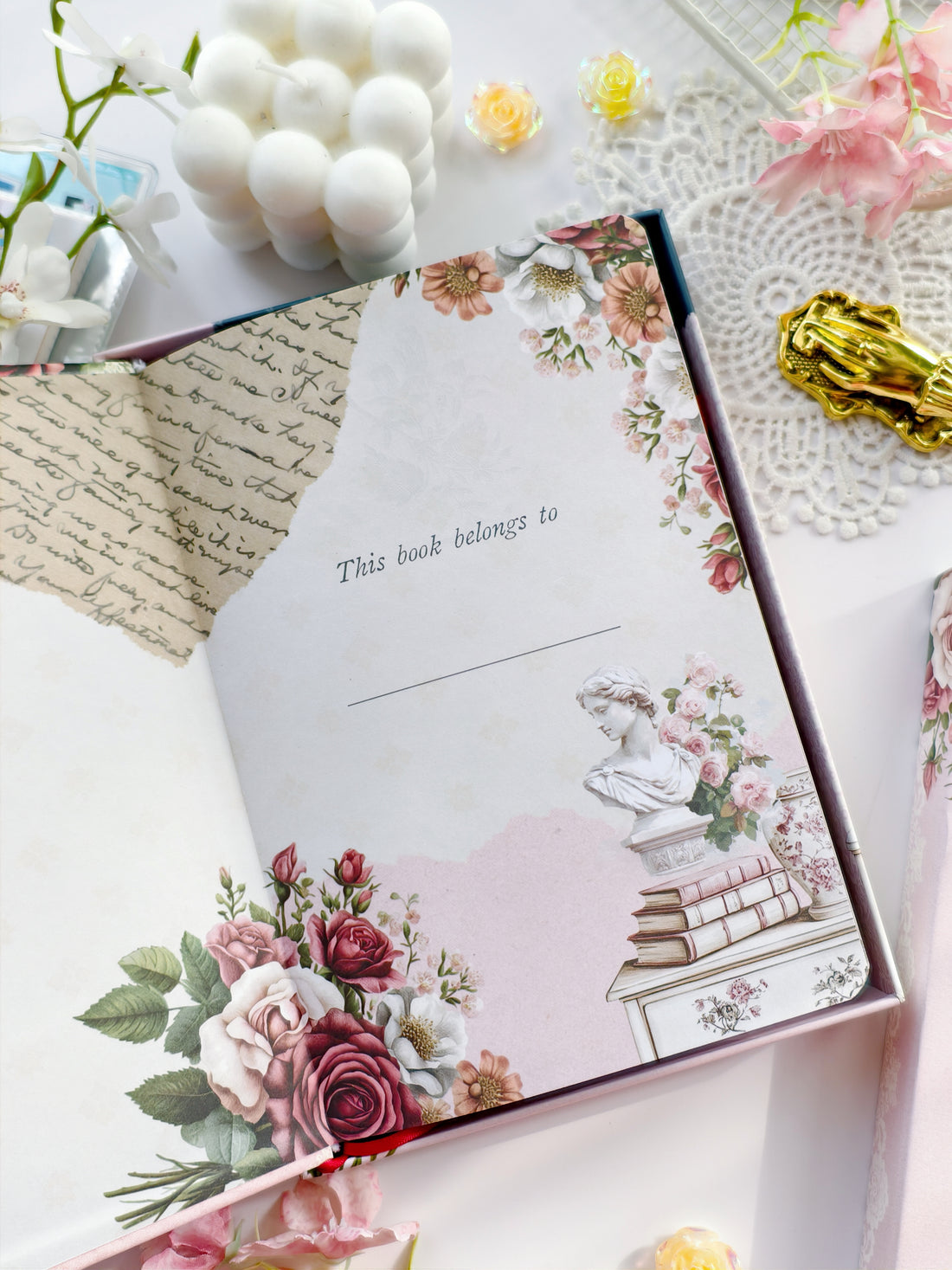 Personalized “This book belongs to” page with floral and vintage book illustration in reading journal