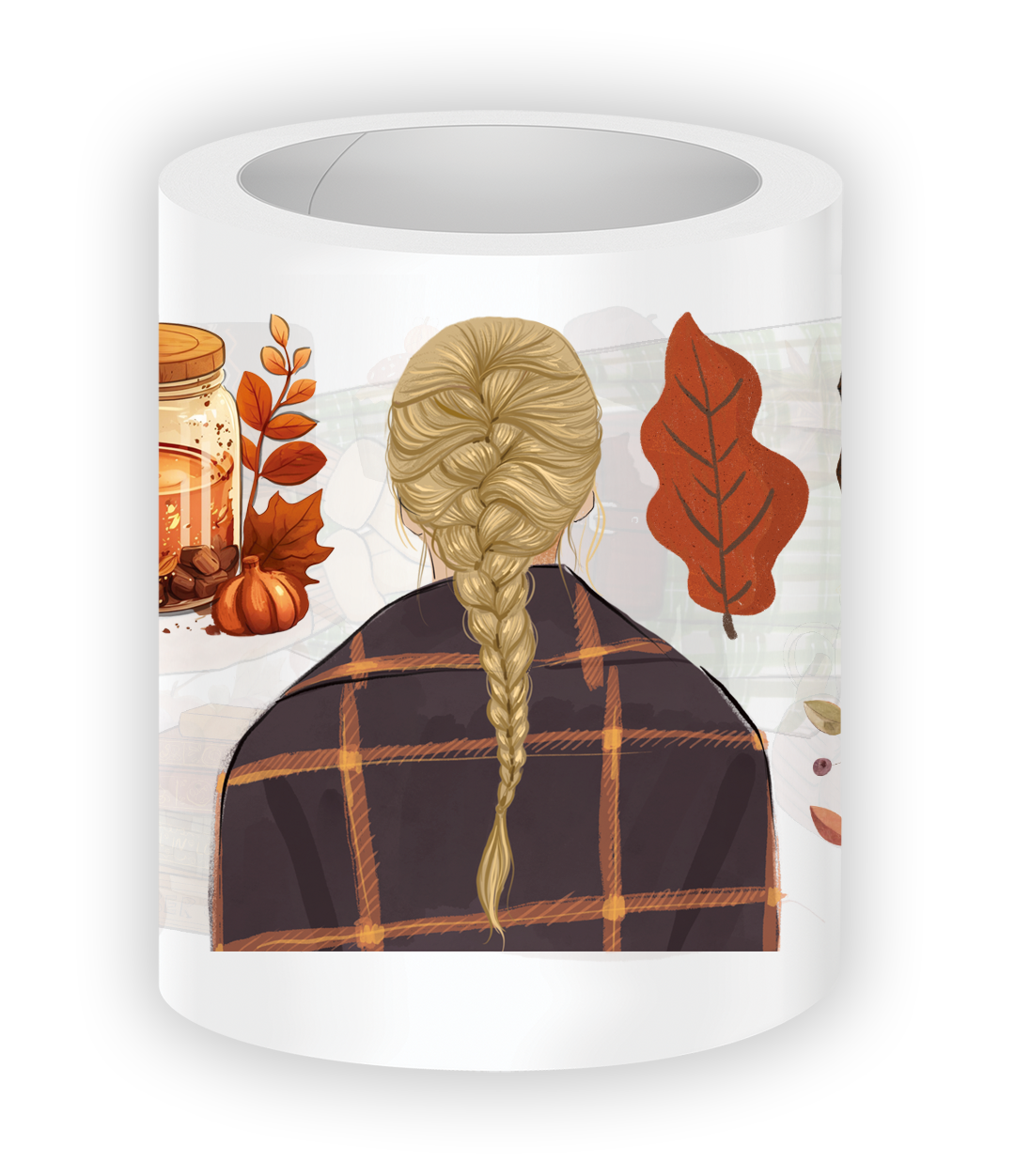 Close-up illustration from the Amber Allure PET Tape featuring a blonde girl with a braided hairstyle wearing a plaid coat, surrounded by autumn leaves, pumpkins, and cozy seasonal accents.