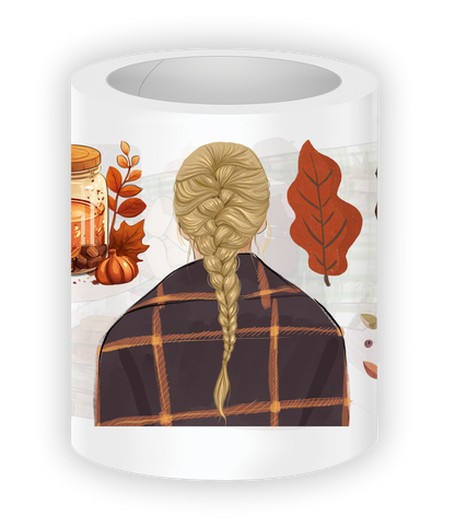 Close-up illustration from the Amber Allure PET Tape featuring a blonde girl with a braided hairstyle wearing a plaid coat, surrounded by autumn leaves, pumpkins, and cozy seasonal accents.