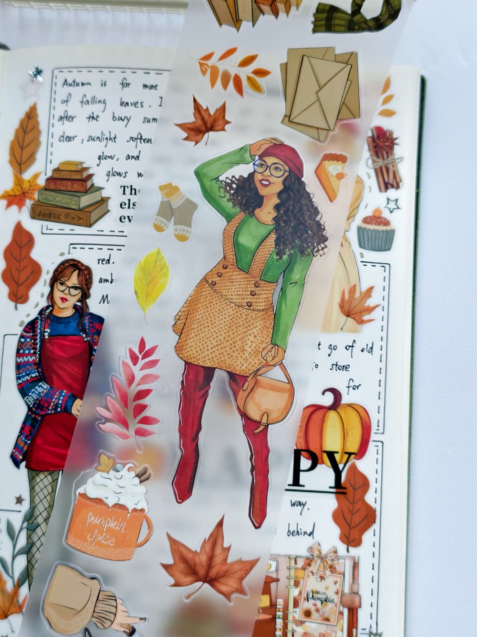 Transparent Amber Allure PET tape with stylish autumn fashion illustrations, colorful leaves, envelopes, pumpkin spice drink, candles, and cozy fall accessories.