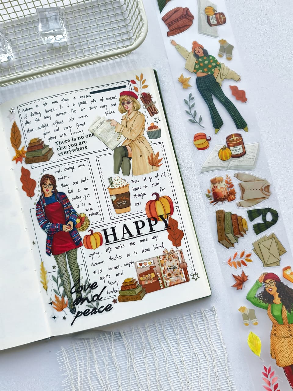 Planner layout decorated with Amber Allure pre-cut PET tape featuring autumn fashion girls, pumpkins, books, candles, leaves, and cozy fall-themed journaling stickers.
