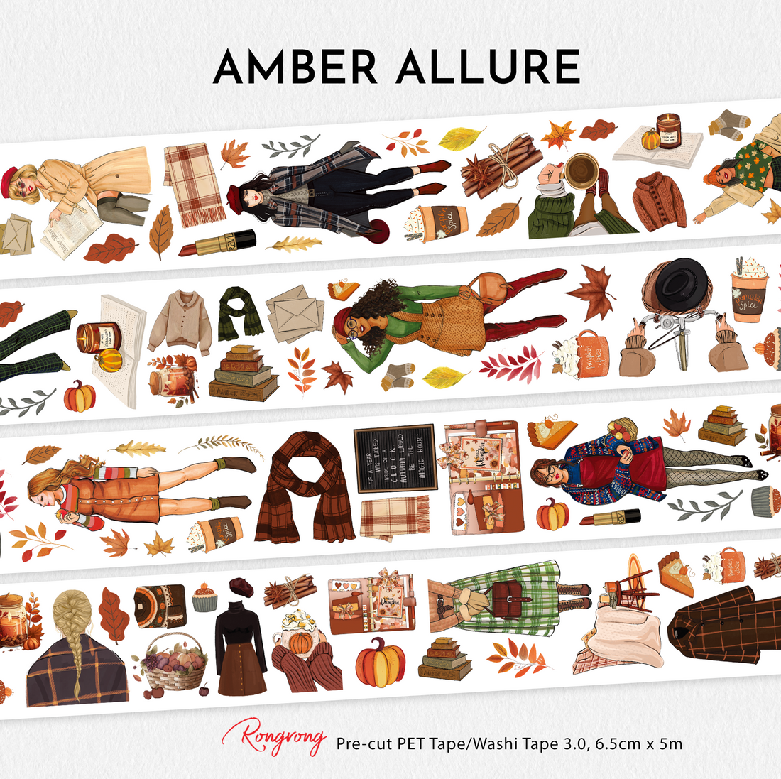 Full preview of the Amber Allure Pre-cut PET Tape featuring cozy autumn fashion illustrations, plaid scarves, pumpkins, coffee cups, cinnamon sticks, books, sweaters, leaves, and warm fall aesthetic elements.