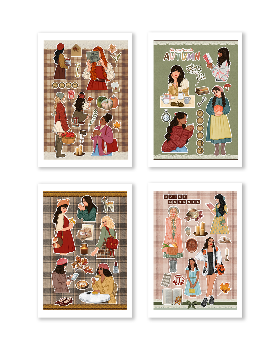 Each print features a retro, vintage-style illustration with women in colorful outfits, autumn elements, and plaid patterns, framed by white borders.