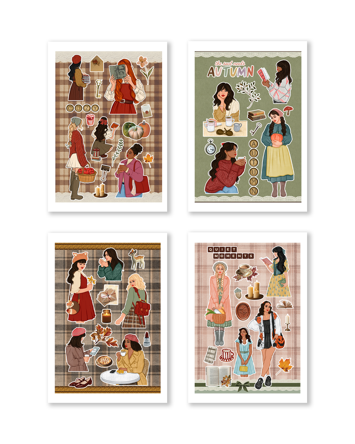 Each print features a retro, vintage-style illustration with women in colorful outfits, autumn elements, and plaid patterns, framed by white borders.