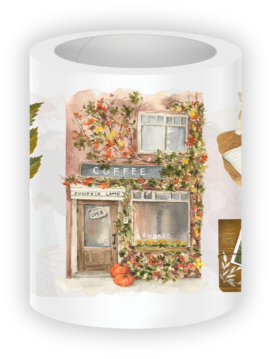 Close-up illustration of a cozy autumn coffee shop wrapped in fall vines and pumpkins from the Autumn Cafe Pre-cut PET Tape collection.