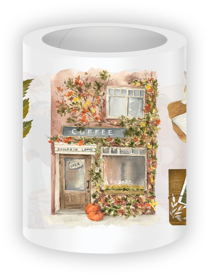 Close-up illustration of a cozy autumn coffee shop wrapped in fall vines and pumpkins from the Autumn Cafe Pre-cut PET Tape collection.