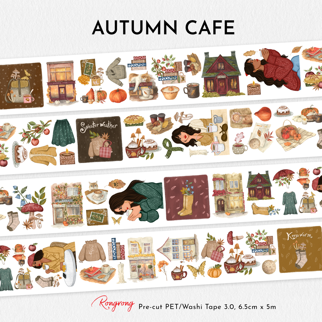 Full preview of the Autumn Cafe Pre-cut PET Tape featuring cozy café storefronts, pumpkins, sweaters, books, candles, mushrooms, pies, and autumn-inspired fashion illustrations.