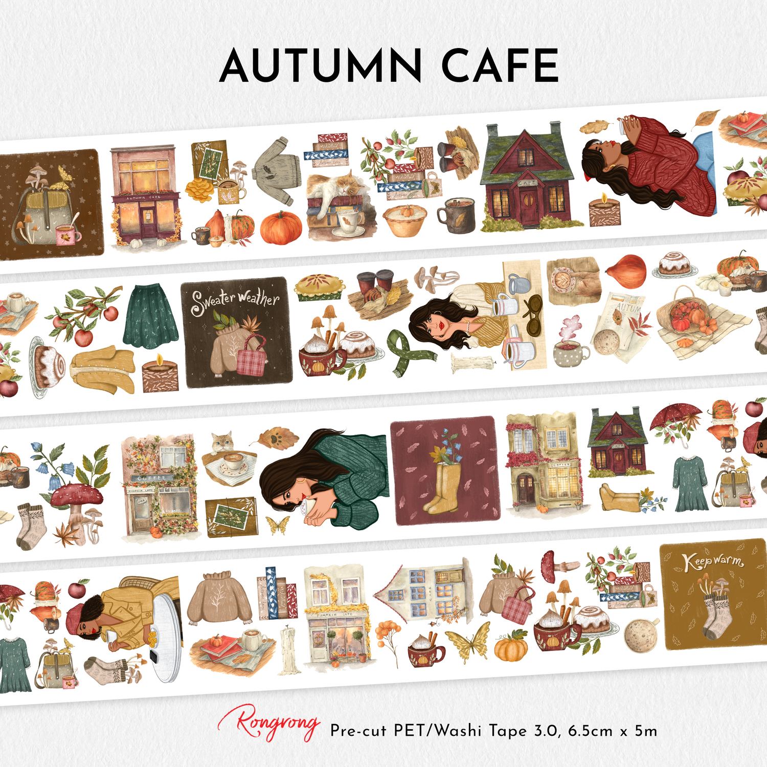 Full preview of the Autumn Cafe Pre-cut PET Tape featuring cozy café storefronts, pumpkins, sweaters, books, candles, mushrooms, pies, and autumn-inspired fashion illustrations.