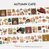 Full preview of the Autumn Cafe Pre-cut PET Tape featuring cozy café storefronts, pumpkins, sweaters, books, candles, mushrooms, pies, and autumn-inspired fashion illustrations.