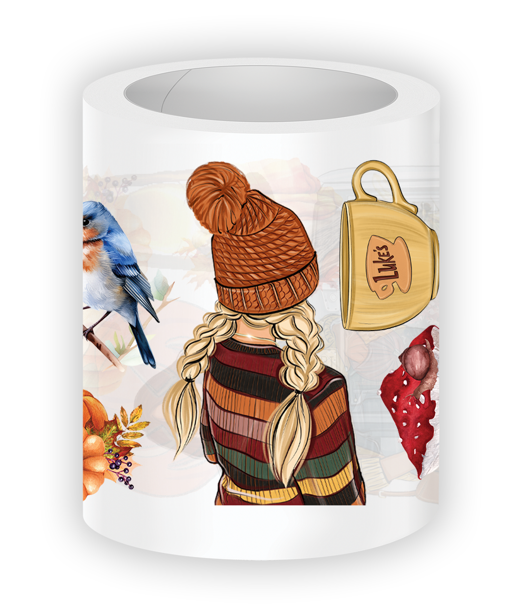 Close-up illustration from the Autumn Charm PET Tape featuring a girl in a striped autumn sweater and knit beanie beside a Luke’s mug, bluebird, and cozy fall elements.