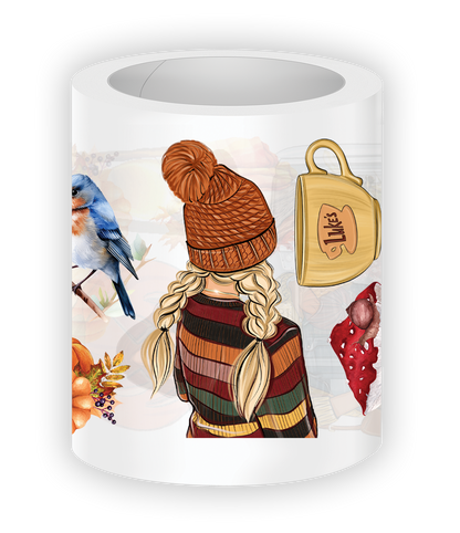 Close-up illustration from the Autumn Charm PET Tape featuring a girl in a striped autumn sweater and knit beanie beside a Luke’s mug, bluebird, and cozy fall elements.