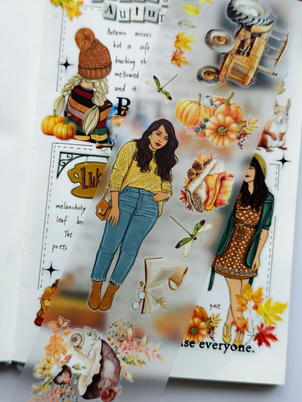 Close-up view of Autumn Charm Pre-cut PET Tape [3.0] showcasing transparent pre-cut stickers with pumpkins, dragonflies, cozy blankets, books, mushrooms, and fashionable autumn-inspired female characters.
