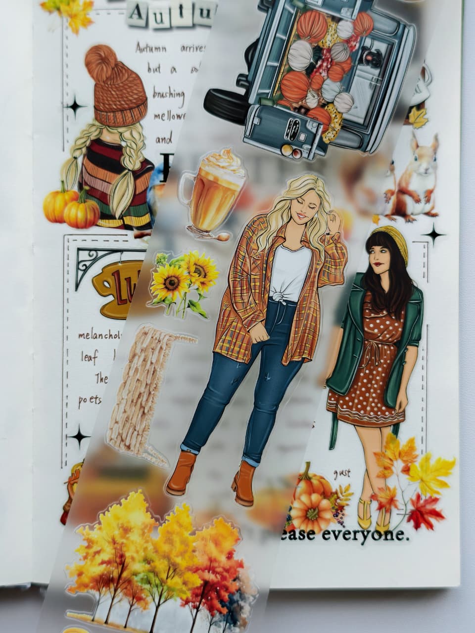 Detailed PET tape designs featuring a fashionable blonde woman, sunflower bouquet, pumpkin-filled vintage truck, autumn trees, cozy drinks, and rustic seasonal elements on transparent PET material.