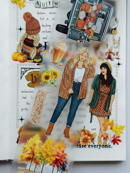 Detailed PET tape designs featuring a fashionable blonde woman, sunflower bouquet, pumpkin-filled vintage truck, autumn trees, cozy drinks, and rustic seasonal elements on transparent PET material.