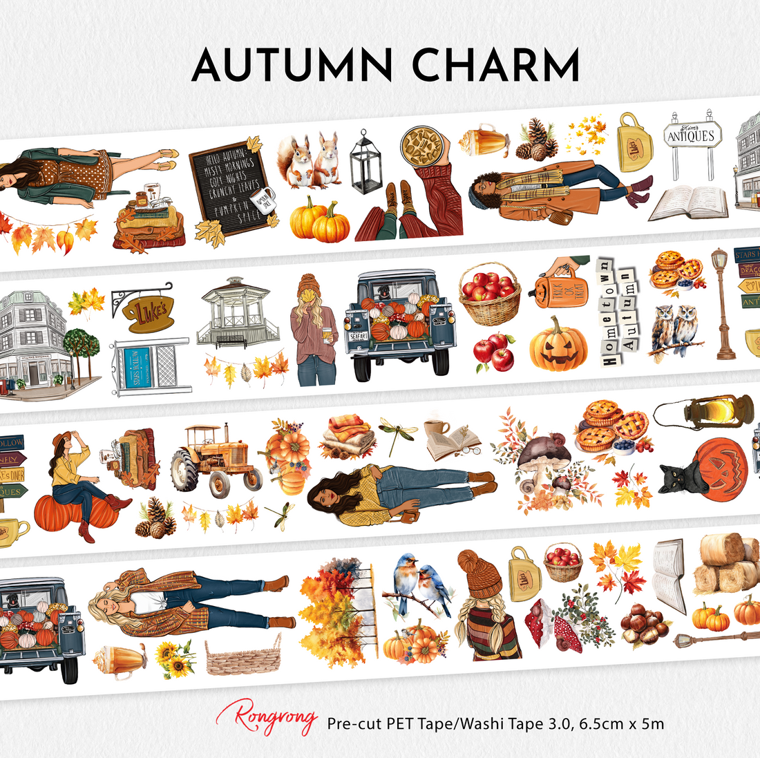 Full preview of the Autumn Charm Pre-cut PET Tape featuring cozy autumn fashion girls, pumpkins, apples, Luke’s coffee mug, vintage truck, books, sweaters, pies, leaves, birds, and charming fall harvest illustrations.