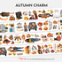 Full preview of the Autumn Charm Pre-cut PET Tape featuring cozy autumn fashion girls, pumpkins, apples, Luke’s coffee mug, vintage truck, books, sweaters, pies, leaves, birds, and charming fall harvest illustrations.